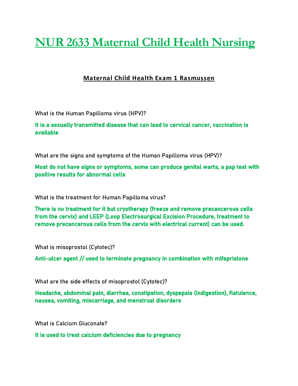 Preview of NUR 2633 / NUR2633 Exam 1  : Maternal Child Health Nursing - Rasmussen